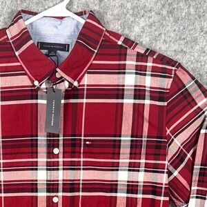 Tommy Hilfiger Men's Red Plaid Button Down Shirt Long Sleeve Stretch Large NEW